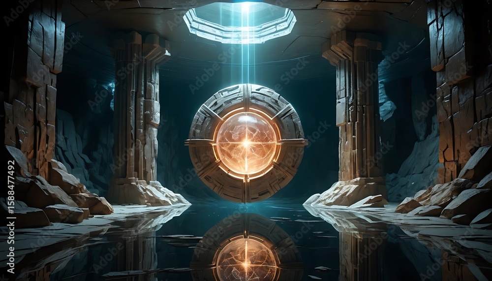 Poster mysterious orb floating in ancient ruin with light beam