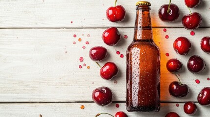 Chilled cherry beer bottle with fresh cherries on wooden table. National Stewart’s Root Beer Day