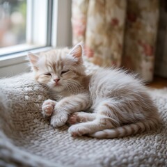 Obraz premium Fluffy ginger kitten sleeping peacefully napping cute
