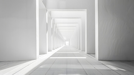 Fototapeta premium A long, narrow hallway with white walls and white flooring