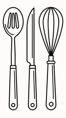 Illustration of a collection of kitchen utensils including a whisk, spoon, and knife