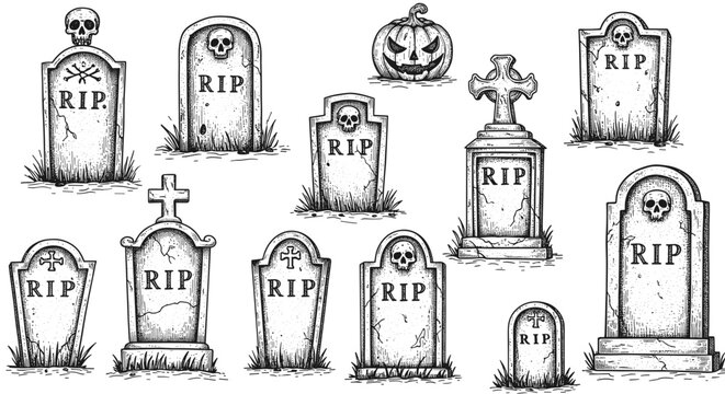 Vintage Ink Sketch Tombstone Collection. Halloween Graveyard Design Elements &ndash; Hand Drawn black and white illustration, Engraving Retro Style vector SVG for print.
