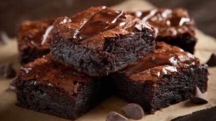 Chocolate Brownies on Brown Background.