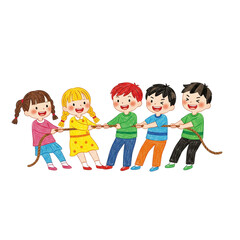 Five determined and happy children engaging in a classic game of tug-of-war, pulling on a rope with all their might, showcasing teamwork, friendly competition, and fun outdoor activity.
