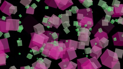 Floating Transparent Cubes in Pink Green and Gray on Black Background