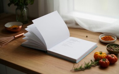 Open Cookbook on Wooden Table: A teal cookbook lies open on a light wooden table, displaying blank recipe pages, surrounded by culinary ingredients like tomatoes, herbs, and spices.