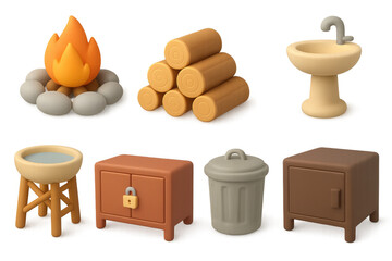 Cartoon 3d camping and home items collection: fire, logs, sink, trash bin