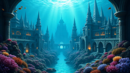 Underwater Crystal City with Glowing Fish