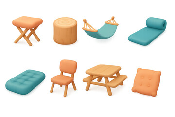 Colorful 3d cartoon furniture collection: playful chairs, tables, and loungers