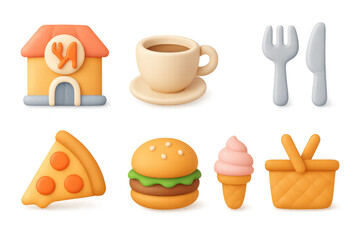 3d food icons set: pizza, burger, coffee, ice cream, picnic, cutlery
