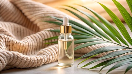 Fototapeta premium Essential Oil Bottle with Palm Leaf and Knit Fabric Backdrop
