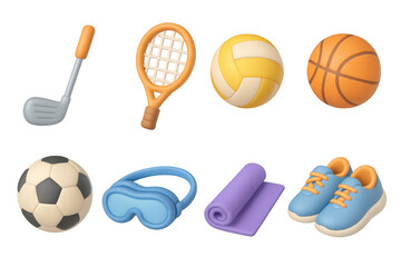 3d sports equipment set: golf, tennis, volleyball, basketball, soccer, swimming gear, yoga mat, sneakers