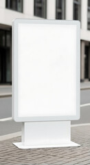 Close up mockup empty white advertising showcase placed at side of city path. Outdoor advertisement template poster for urban commercial marketing campaigns