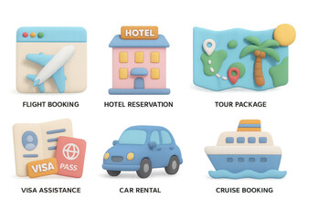 Obraz premium 3d travel booking icons: flight, hotel, tour, visa, car rental, cruise