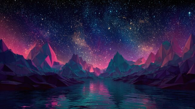 Low poly landscape, starry night reflecting on a lake