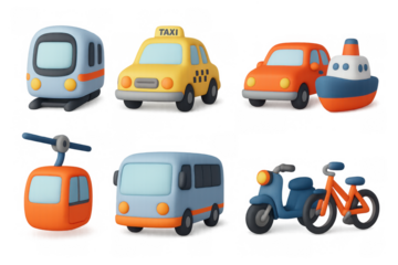 3d transport icons: vehicles in cute cartoon style for kids projects