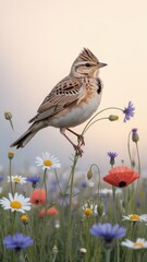 Lark Bird Amidst Wildflowers: A lark bird with its intricate feathers perches atop a delicate wildflower stalk, surrounded by a vibrant meadow. Its gaze is focused, capturing a serene moment.