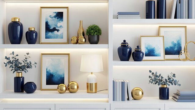 Blue modern home office shelving with gold decor, vases, books, and framed art. Cozy, elegant interior, ideal for Zoom backgrounds and virtual meeting spaces.