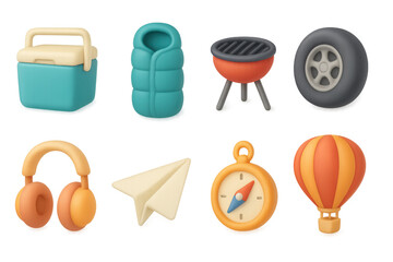 Camping and travel essentials in modern 3d icon set