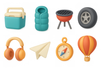 Camping and travel essentials in modern 3d icon set