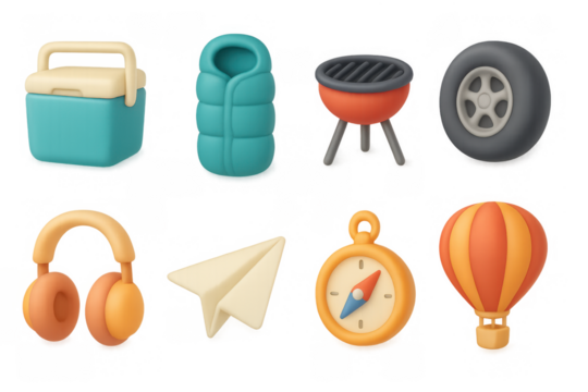 Camping and travel essentials in modern 3d icon set