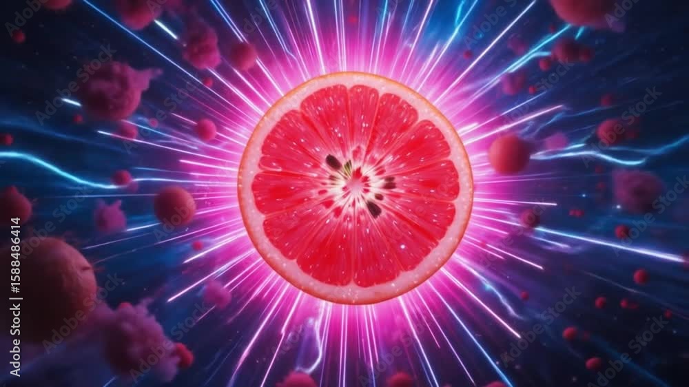 Poster energetic grapefruit slice explosion with vibrant neon lights in a surreal space setting