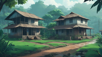 Traditional village houses with tiled roofs glow warmly during rainfall, lining a wet muddy road surrounded by lush green plants and trees, with misty hills in the background under a soft sky
