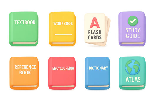 Colorful educational book set in 3d style with flash cards and study guides for learning