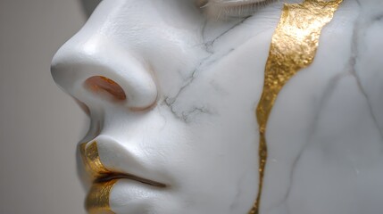 Naklejka premium Serene white stone sculpture of a womana??s face shines with golden accents. Subtle light highlights every curve. Art concept visualized for classical beauty, sculptural elegance