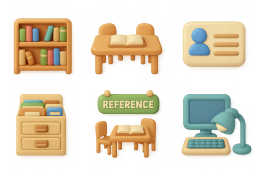 Cozy library icons featuring books, desk, computer, and files in 3d cartoon style