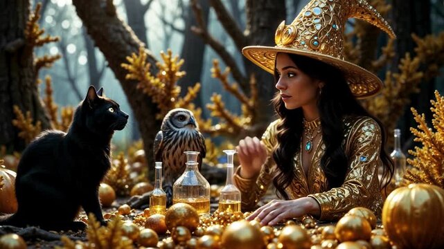 Halloween. Beautiful young very attractive witch brews a magic potion in a fairy forest.
