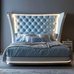 Elegant light blue leather bed with LED lights and silver trim, set against soft gray background in modern luxurious bedroom