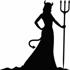 Devil Woman Silhouette with Trident and Horns  Halloween Vector