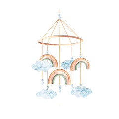 Watercolor baby cradle Mobile with rainbows and clouds. Hand drawn illustration in pastel colors of kids hanging toy. For greeting cards, gender reveal party or baby shower invitations.