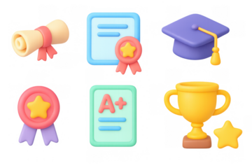 Colorful educational icons: diploma, certificate, cap, medal, trophy, star, a plus in 3d design