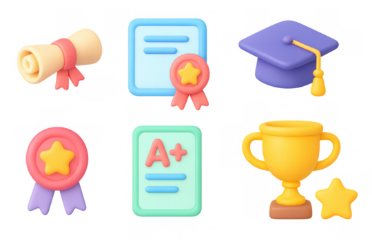 Colorful educational icons: diploma, certificate, cap, medal, trophy, star, a plus in 3d design