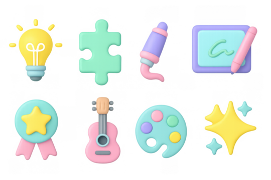 Trendy 3d icons: art tools and creative symbols in pastel colors