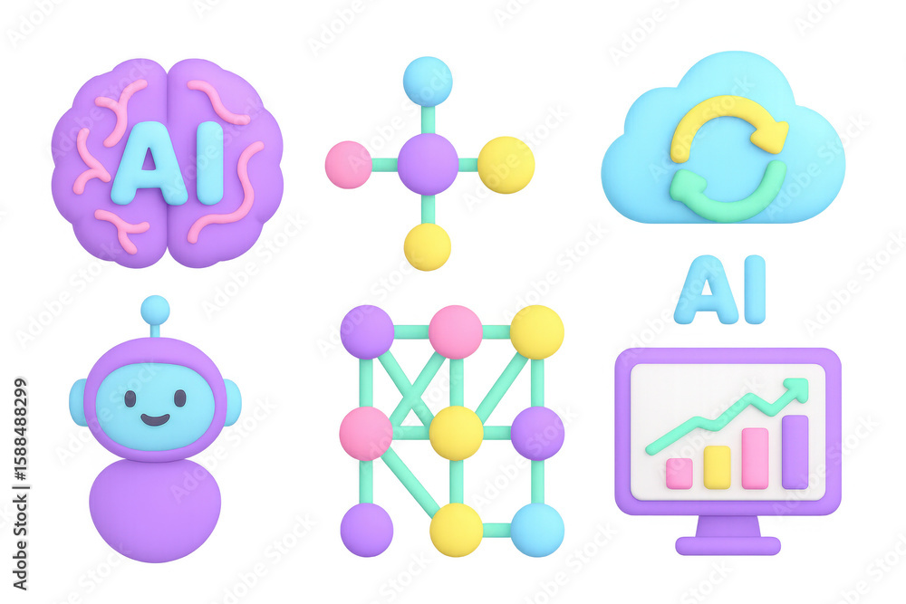Poster colorful ai technology icons in 3d style for innovation and automation concepts