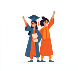 Vector illustration of two students celebrating their graduation, in a flat design with a white background