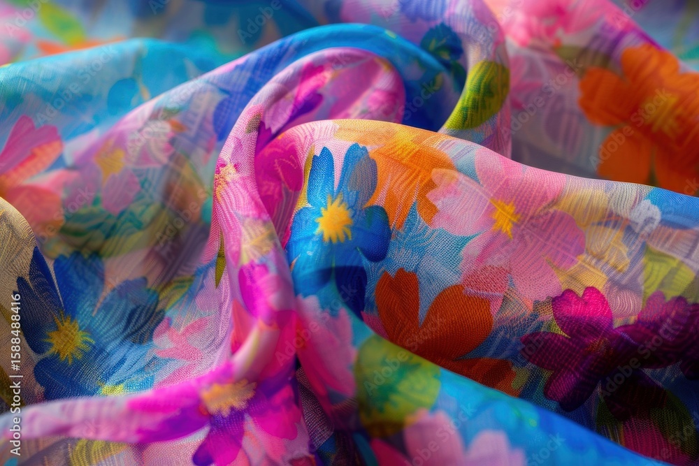 Aufkleber colorful chiffon fabric with floral print flowing in soft folds, creating an abstract and vibrant ba