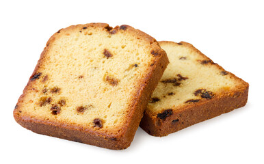 Pieces of cupcake with raisins close-up a on white. Isolated