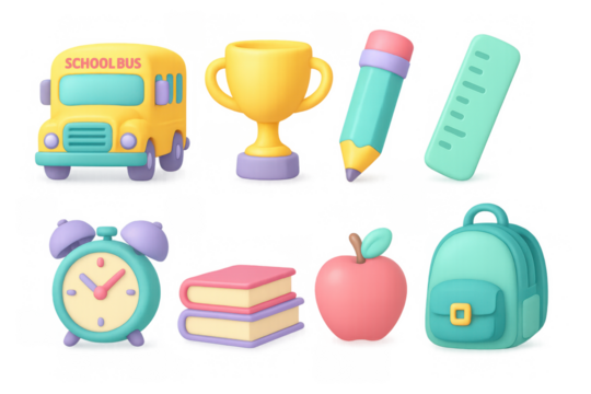 Colorful 3d school objects set with bus, books, and backpack for education theme