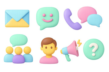 3d communication icons: email, chat, phone, megaphone, user, question mark
