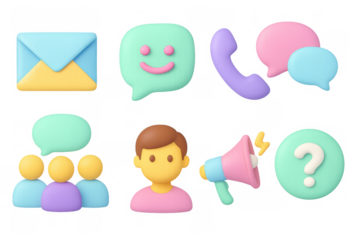 3d communication icons: email, chat, phone, megaphone, user, question mark