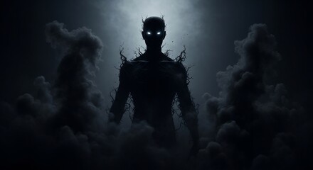 Eerie Silhouette: Glowing Eyes in a Dark, Cloud-Shrouded Figure