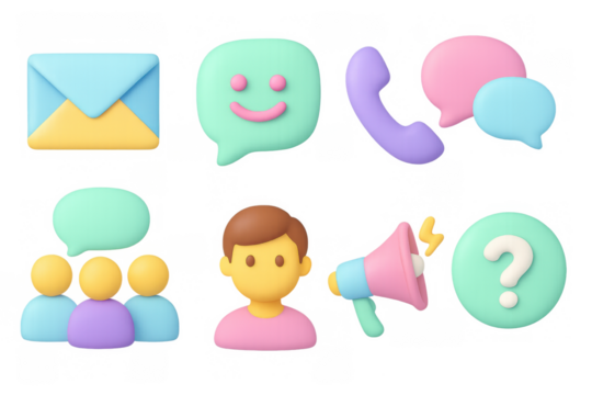 3d communication icons: email, chat, phone, megaphone, user, question mark