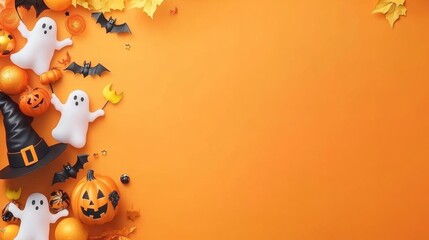 Fototapeta premium Halloween scene with ghosts, pumpkins, bats, witch hat, autumn leaves arranged on orange backdrop. Seasonal decor for October holiday party. Samhain