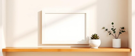 Empty white frame mockup, beige wall, ceramic bowl, succulent, wooden shelf, gentle shadows,   composition,  aesthetic