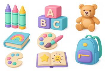 Colorful pastel toys and art supplies for kids' learning and creativity