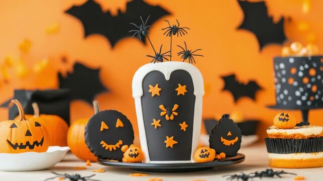 Halloween dessert table with various spooky decorated sweets, including a tombstone cake, pumpkin cookies, and cupcakes. All Hallows Eve, Samhain